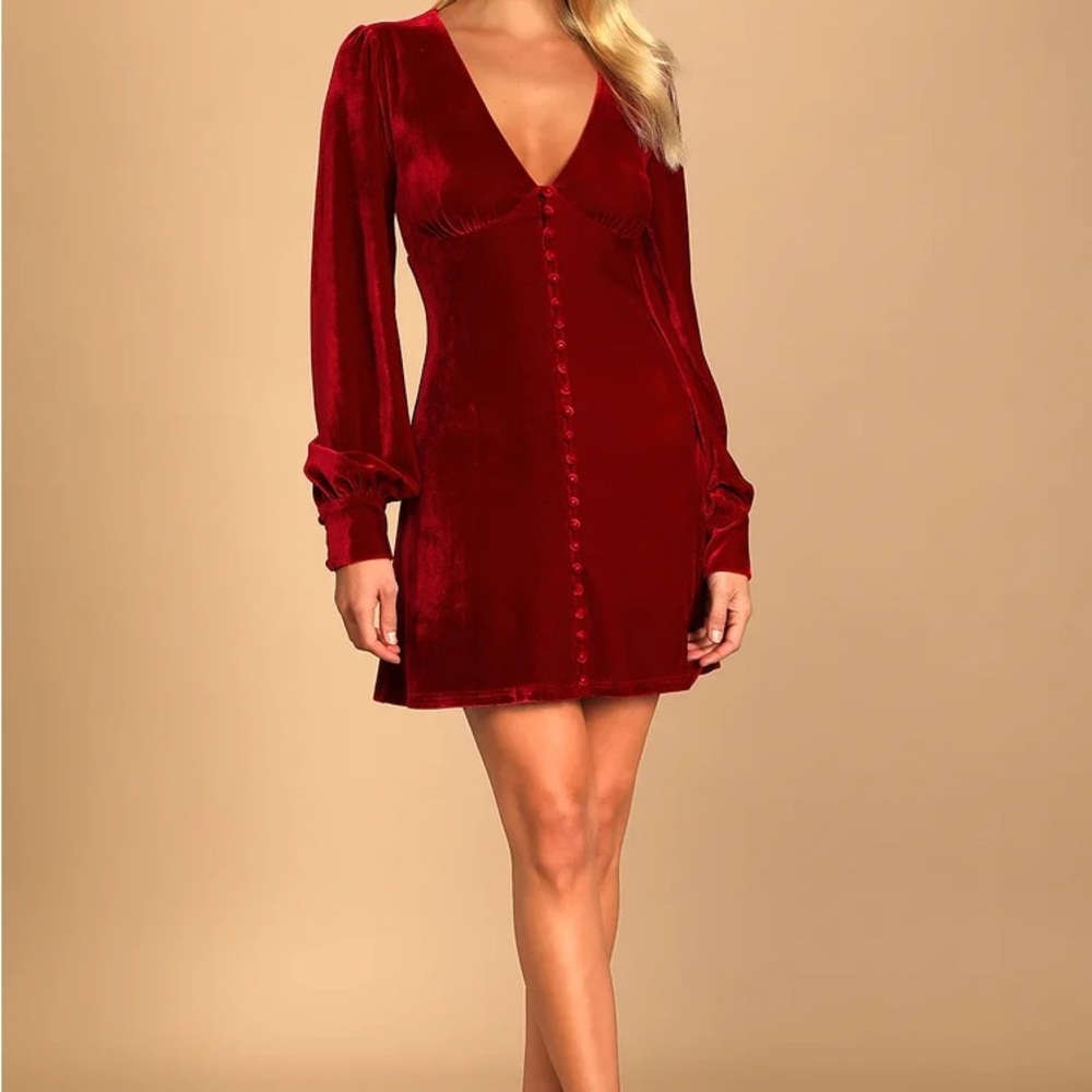 Lulu's Make it Merry Red Velvet Long Sleeve Button Up Mini Dress - Brand New